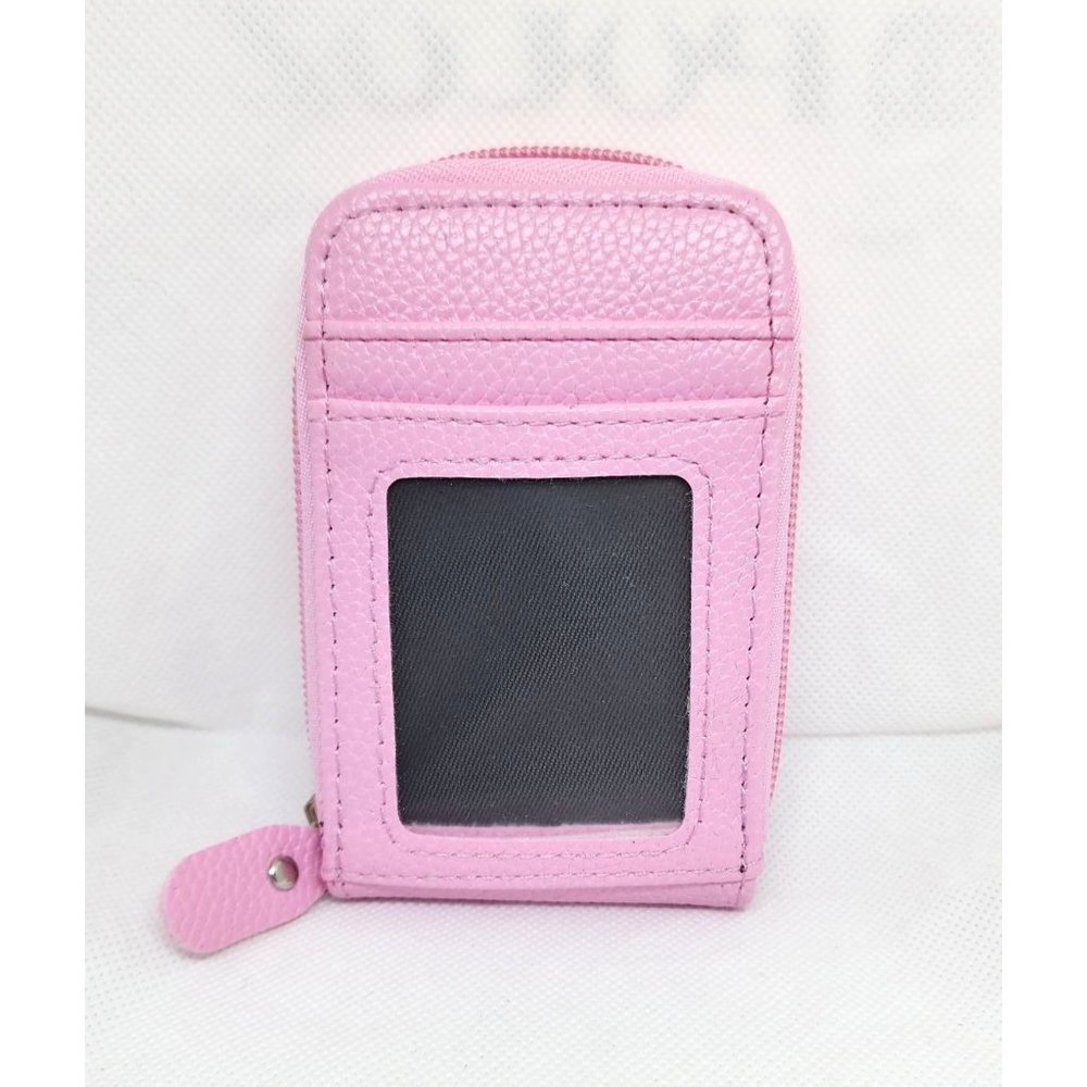 Pink Leather Mini Credit Card Case Card Slot Card Holder Wallet with ID Window